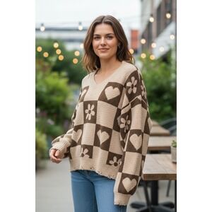 POL Women's Cozy Chenille Checkered Heart Flower V Neck Long Sleeve Sweater L